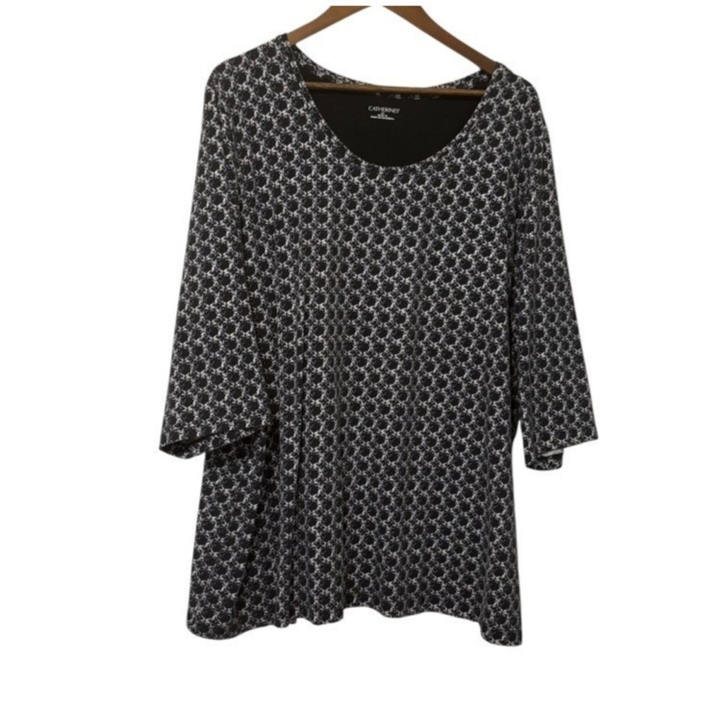 Catherines Women Tunic Top 2X Black White Abstract Geometric Stretch Artwear‎
